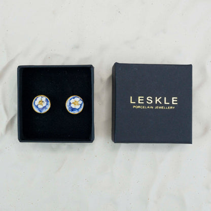 "WHITE BLOOM IN BLUE" PORCELAIN STUD EARRINGS