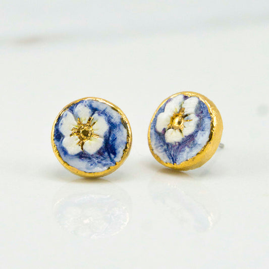 "WHITE BLOOM IN BLUE" PORCELAIN STUD EARRINGS